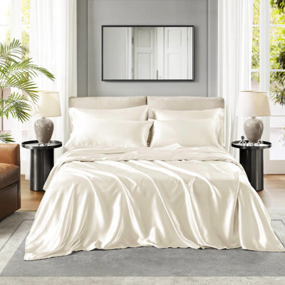 Ensemble de draps 4 pièces 100% satin de luxe - froissé, ajusté pour les matelas de 16 po, doux pour la peau, aide avec les frisottis, taies d'oreiller à bout ouvert, réduit la casse des cheveux, le boulochage, les cheveux, lisse et soyeux, peau douce