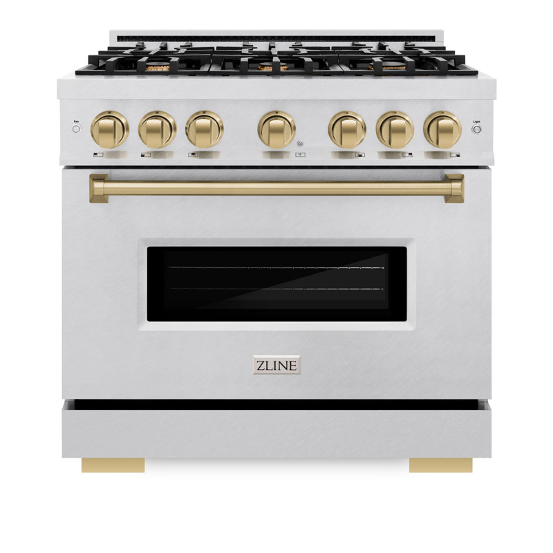 ZLINE Autograph Edition 36 in. 5.2 cu. ft. Classic Dual Fuel Range with 6 Burner Gas Cooktop and Electric Convection Oven in Satin Stainless Steel with Accents