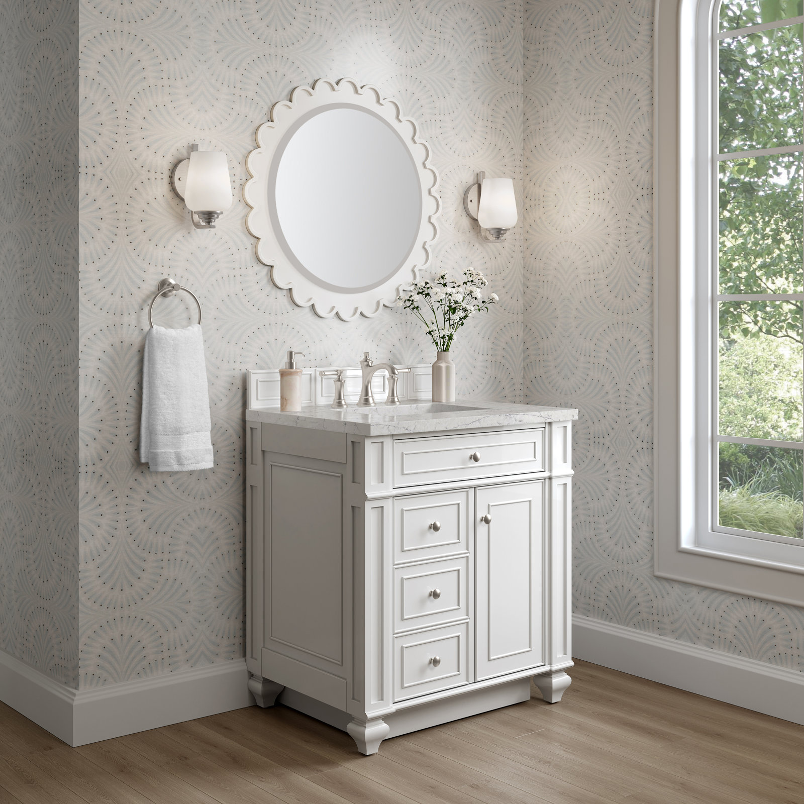 Calisto 30" Single Bathroom Vanity, Bright White, Eternal Jasmine Pearl, 8" Widespread