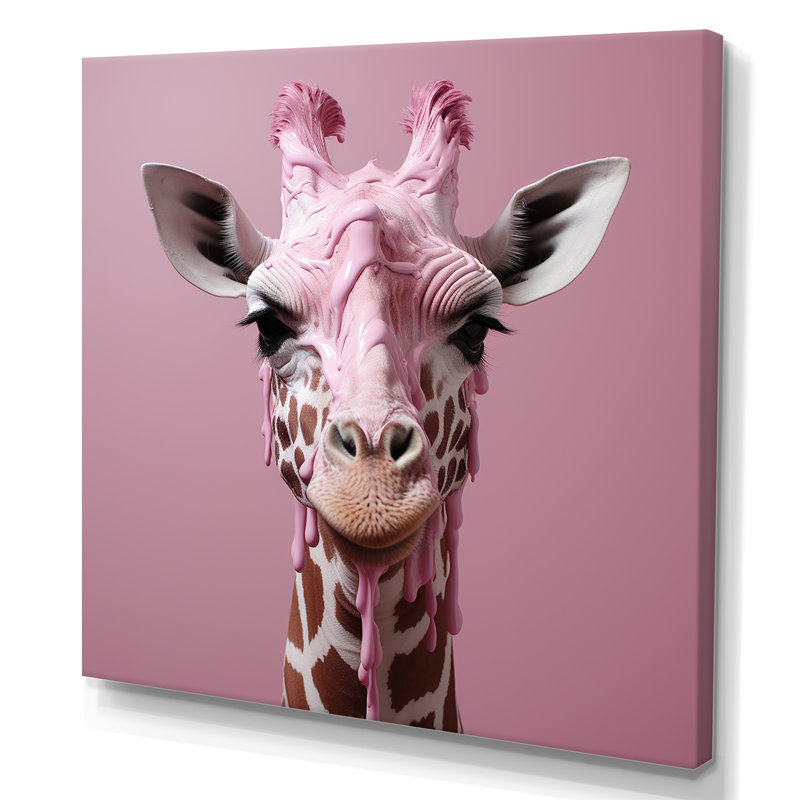 Girafe rose, position romantique sur toile, H 16 po x l 16 po x P 1 po, Toile tendue