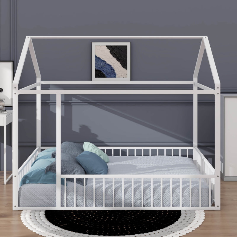 Full Size Metal House-Style Bed Frame, White
