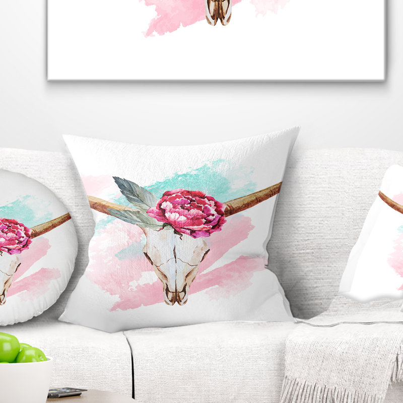 Coussin de crâne et de fleur floral bull, 16 po x 1 po, Coussin décoratif