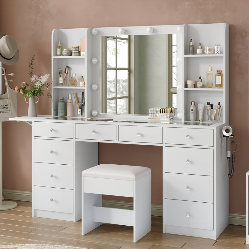 Makeup Vanity With Mirror, Vanity Desk With Power Outle,  Makeup Vanity With Lights, 3 Lighting Modes Adjustable, Makeup Table With Fold-Up Panel, 9 Drawers Vanity Set