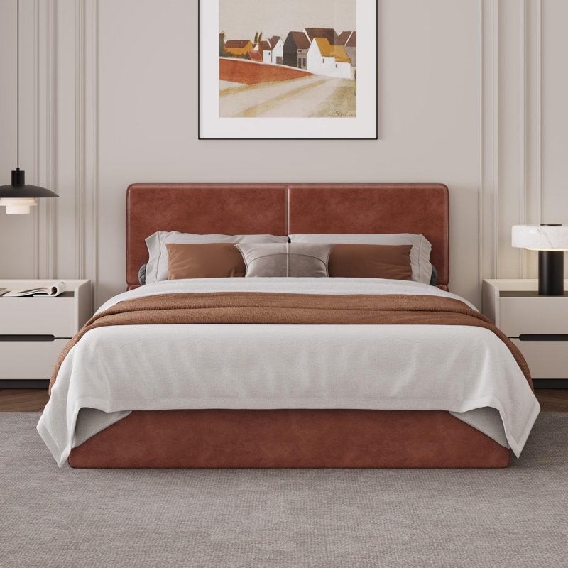 Base de lit plateforme tapissier, tête de lit et lattes en bois, aucun sommier requis, Grand lit, Brun