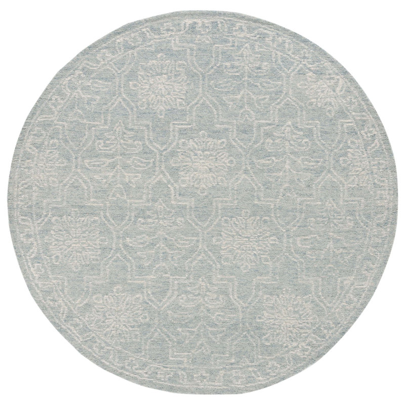 Frachia Tufted Wool Cotton Damask Rug in Light Grey/Ivory, Round 6'