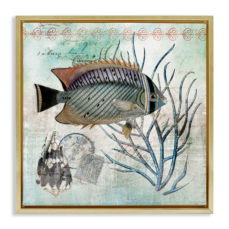 Sea Life avec des accents rétro, Cadre flottant métallique doré, H 18 po x l 18 po