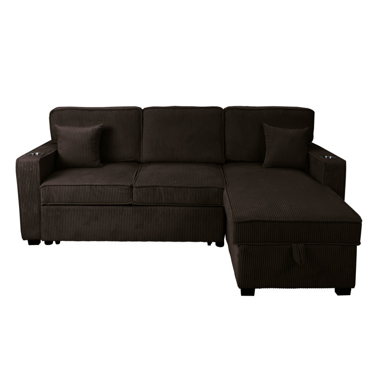 Canapé modulaire moderne de 2 pièces pour la vie principale avec porte-gobelet, fauteuil, chaise réversible et coussins assortis dans un port convertible chocolat, tissu de rangement caché