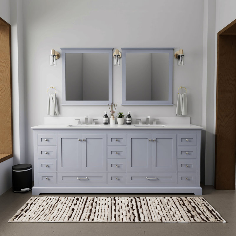 Meuble-lavabo double 84 po X P 22 po D, plateau en quartz blanc et robinet pour la maison, Gris