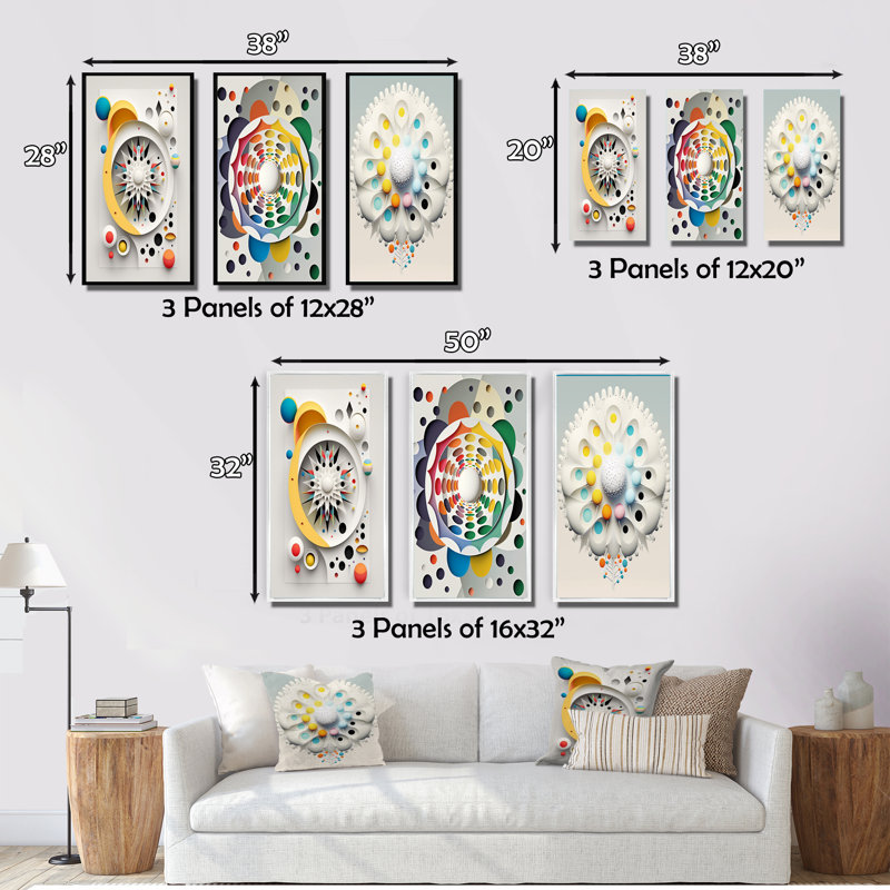 "Métamorphose géométrique de l'éveil I", 3 pièces sur toile, Cadre naturel flottant, H 28 po x l 36 po