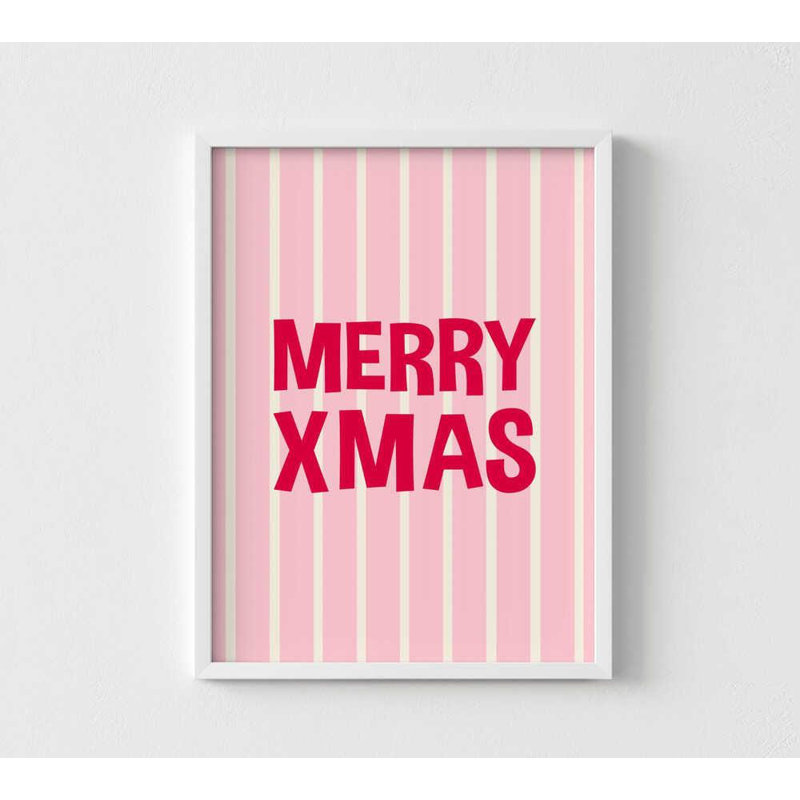 Merry Xmas Pink Stripes - Art mural de Noël personnalisable, H 24 po x l 18 po, Impression encadrée sans passe-partout, Blanc