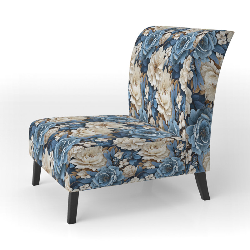 Toile florale exotique bleue et blanche - Fauteuil de chambre rembourré de style campagnard, fauteuil d'appoint floral rustique