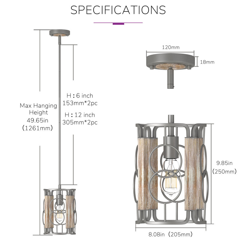 Inlight 8" Modern Farmhouse 1-Light Pendant for Kitchen Island, Open Cage Design, IN-0336-1-WD