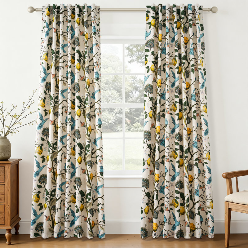 Fancy Hummingbird Patterned Room Darkening Curtain,Rod Pocket Back Tab Floral Drapes,Set of 2, 52" W x 90" L, Beige