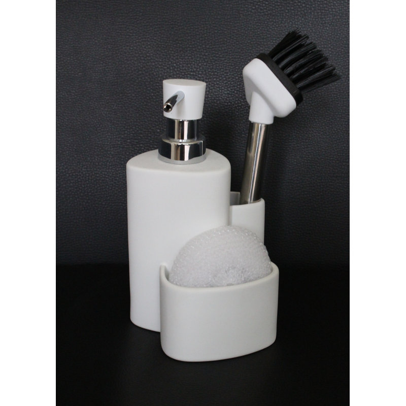 White Ceramic Kitchen Dishwashing Set Soap Dispenser Sponge Scrubby Dish Brush Caddy Organizer Set Soft Rubber Coating