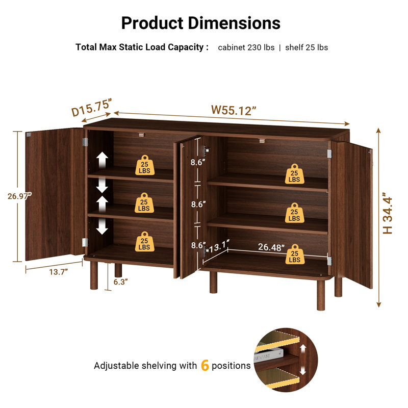 55" Sideboard Buffet Cabinet Fluted Door with 2 Adjustable Shelves & Solid Wood Leg Credenza Accent Cabinet For Living Room Entryway Dining Room