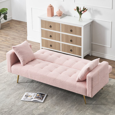 Lit 2 places 71,7 pouces en molleton rose avec pieds en métal, idéal pour le salon principal et une table basse, deux coussins décoratifs, un siège, un cadre en bois massif de construction solide, inclus