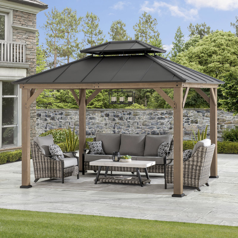 Sunjoy 10 x 12 ft Cedar Wood Gazebo, Outdoor 2-Tier Dark Brown Coated Steel Hardtop for Patio, Lawn & Backyard, Brown