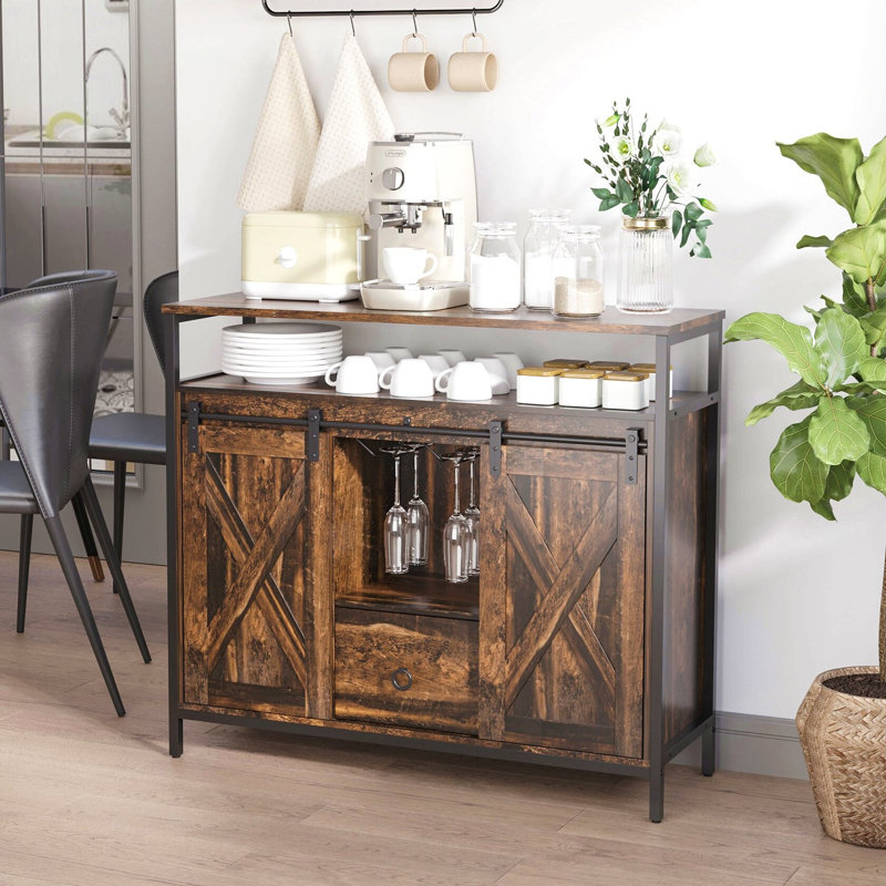 Buffet industriel, armoire de cuisine avec portes de grange coulissantes avec porte-verres à pied, tiroir et tablettes réglables