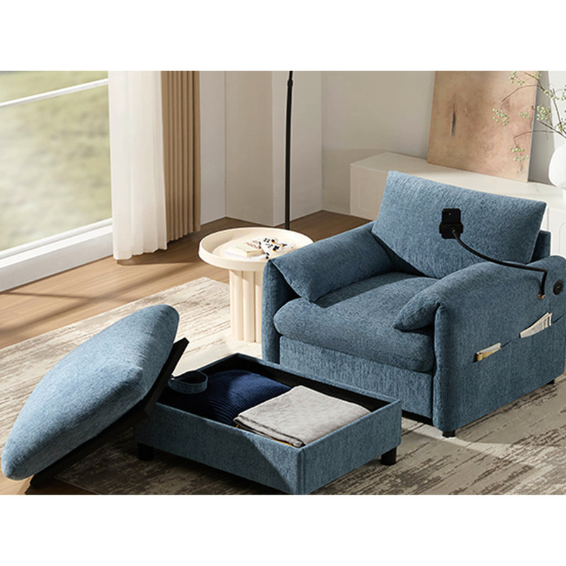 Chenille bleue simple 38 po, rangement, support de téléphone réglable, ports de charge, rangement pour accoudoirs, coussins confortables pour le salon, équipements de confort, maison de style oreiller