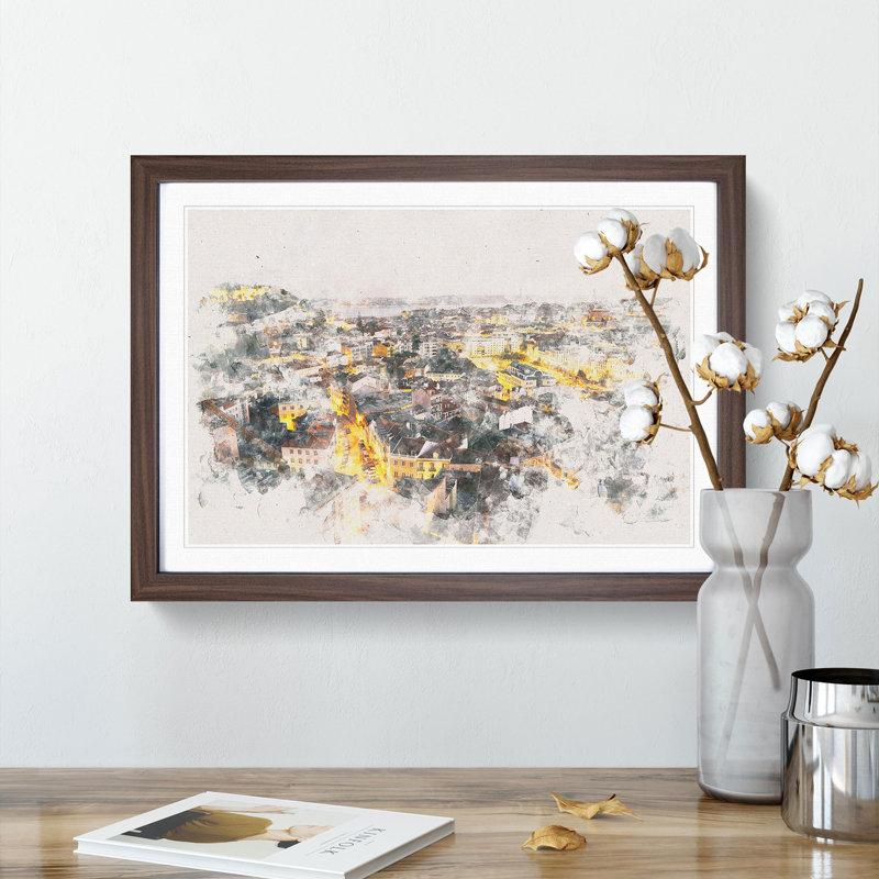 Lisbon Portugal Watercolour - Picture Frame Graphic Art Print, 33cm H x 45cm W x 2cm D, Walnut Framed