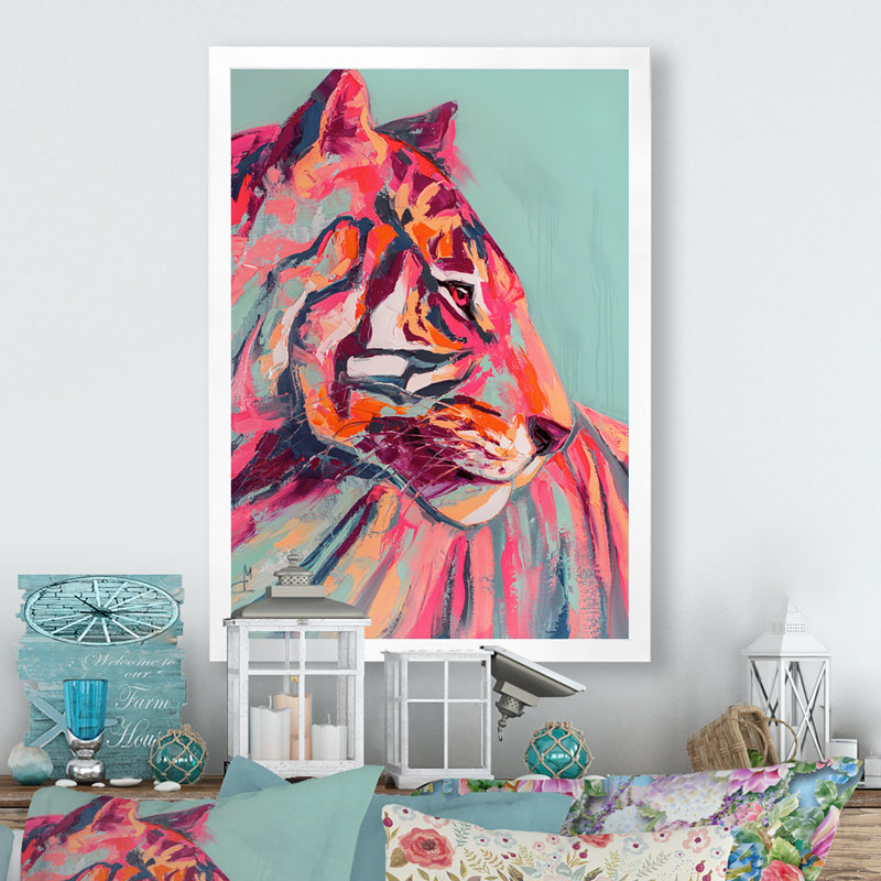 Œil de tigre rose, coup de peinture - peinture, Impression encadrée, H 32 po x l 16 po, Blanc