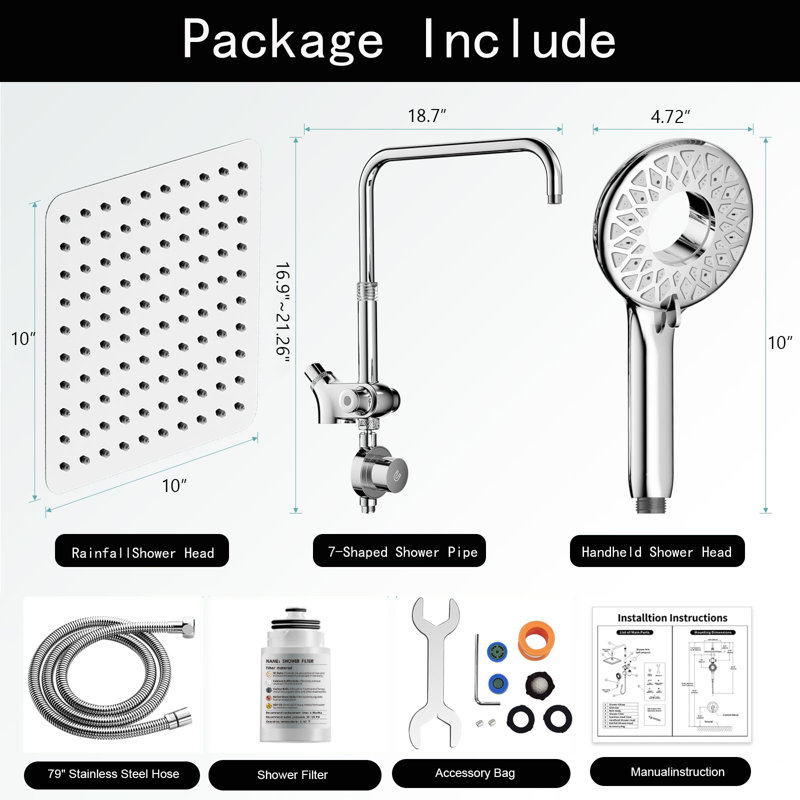 10" High-Pressure Handheld Shower Head With Hard Water Filter – 2-In-1 Dual Shower System (Rainfall + Adjustable Slide Bar)