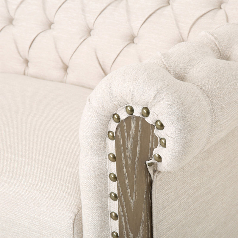 Canapé Chesterfield à accoudoirs roulés de 78,75 po Anduin, Polyester beige, Marron foncé
