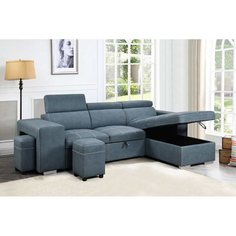 Huratio 102.7'' L Shape Sectional Sleeper Sofa 2 in 1 Convertible Sectional Sofa with Pull Out Bed, Storage Chaise And 2 Stools