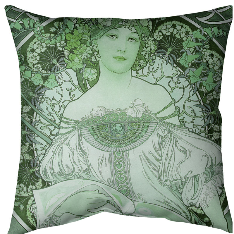 Housse de coussin Alphonse Mucha, 16 po x 1 po, Vert, Polyester filé