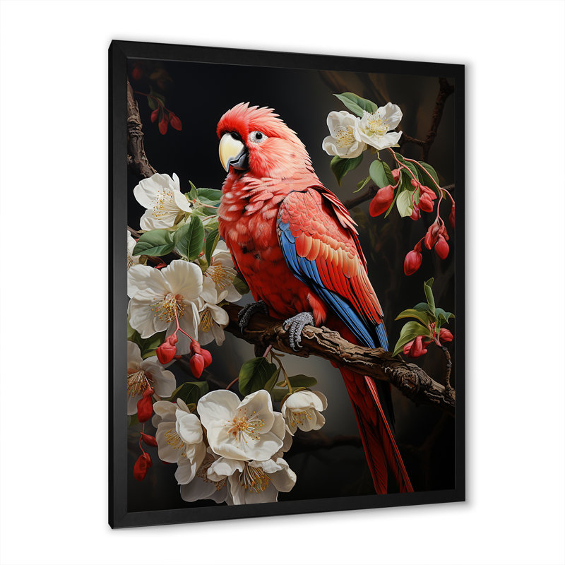 Perroquets rouges, éclat éclatant sur toile, Cadre photo noir simple, H 44 po x l 34 po x P 1,5 po