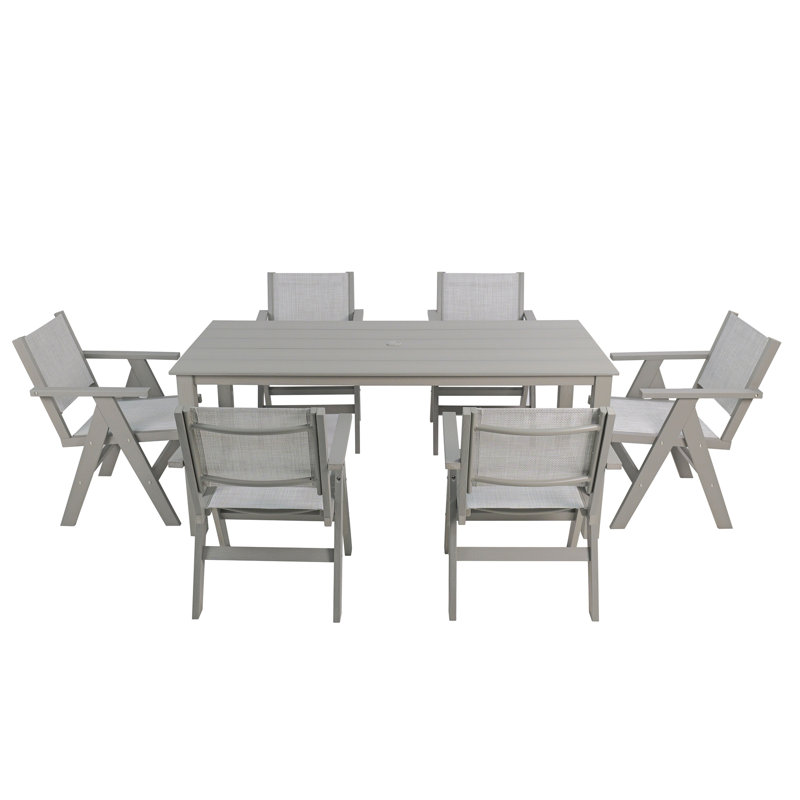 A Wooden-Textured Imitation Wood Dining Table, Simple Yet With A High Quality Feel. It Has A Small Tabletop And Is For Outdoor Picnics. Light Gray Color, 68.9 Inches Long.