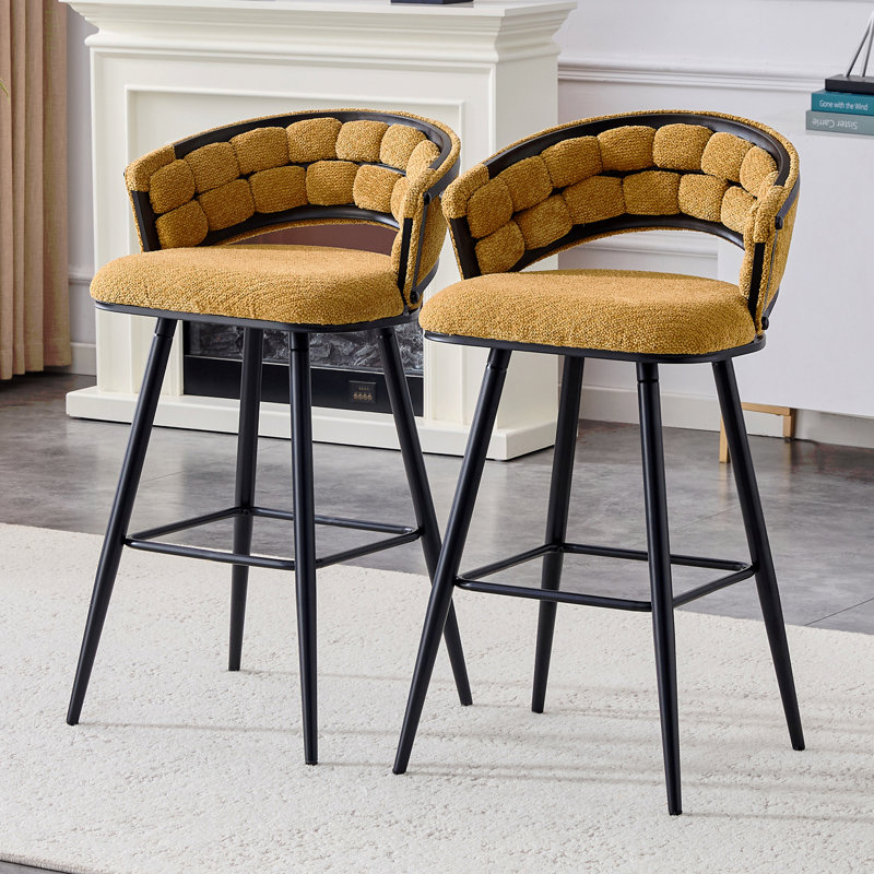 Set of 2 Yellow Chenille Bar Stools with Black Iron Legs, Modern Counter Height Stools for Home Bar