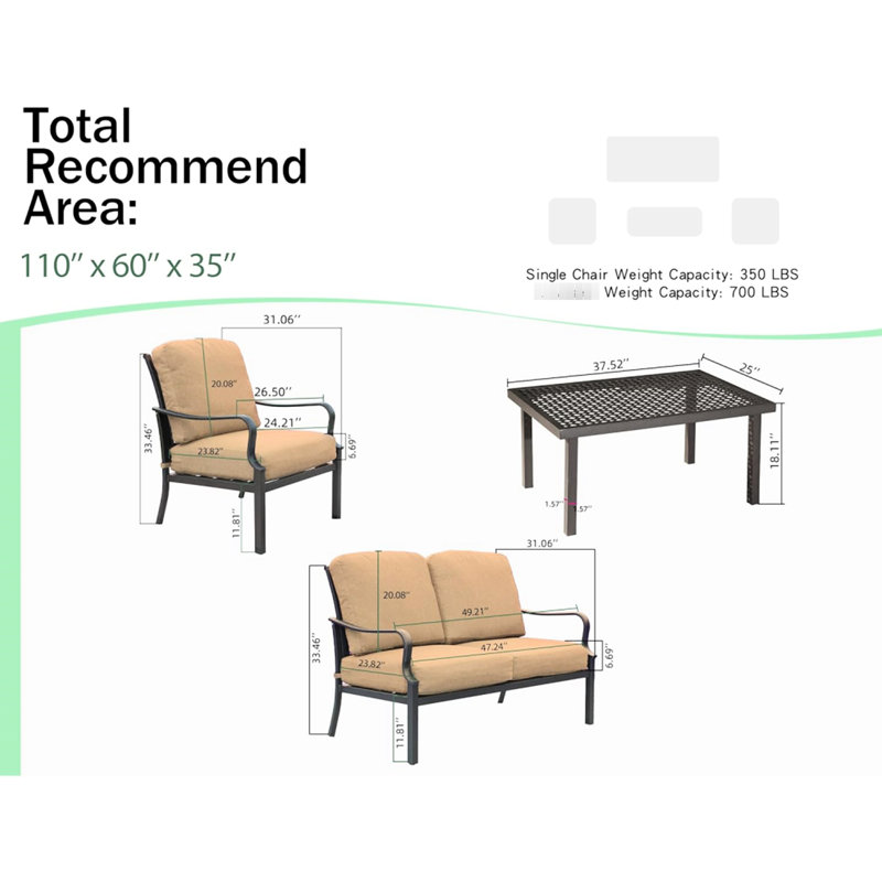 Outdoor Garden Patio Furniture - Metal Construction With Beige Cushions For Lawn Conversation And Fun Time