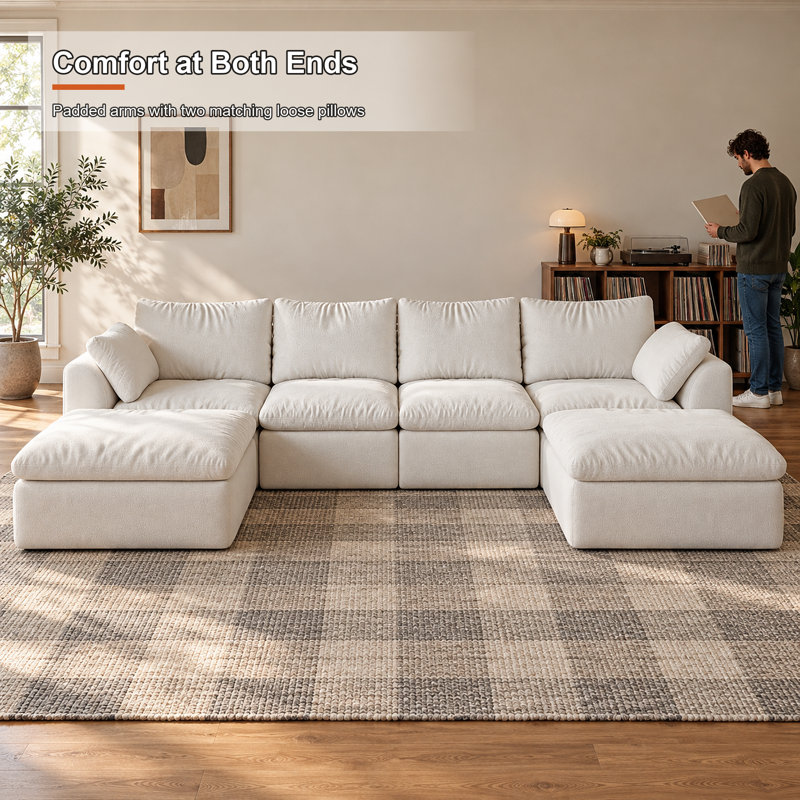 Canapé modulaire à six places en lin avec méridienne double et repose-pieds, beige, Lin blanc
