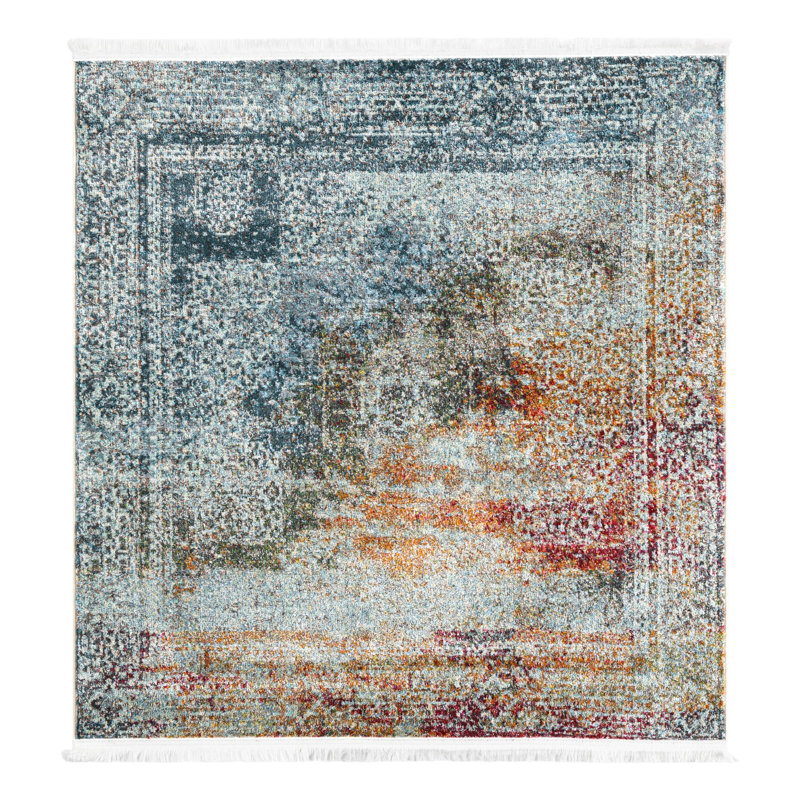 Folmar Abstract Ivory/Blue/Red Area Rug, Square 4'3"