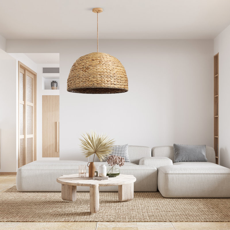 Althea Rattan Pendant Light - Natural Dome 1-Light Polished Handwoven Adjustable Light Fixture For Kitchen Island, Kitchen, Dining Room, Living Room, Bedroom, Hallway or Covered Patio in Modern, Farmhouse & Boho Style