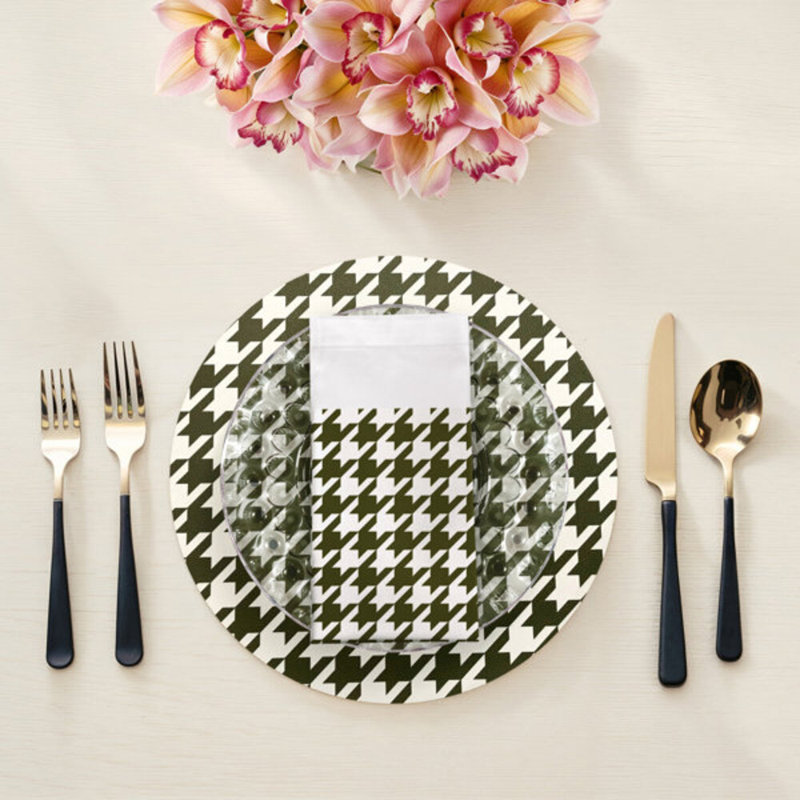 Serviettes de table en satin de coton Houndstooth, Vert / Blanc