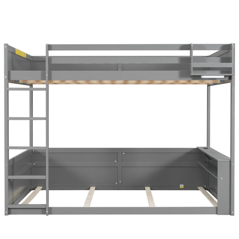 Grand lit superposé en bois avec tablettes intégrées, boîte de rangement, lumière DEL et station de charge USB, gris