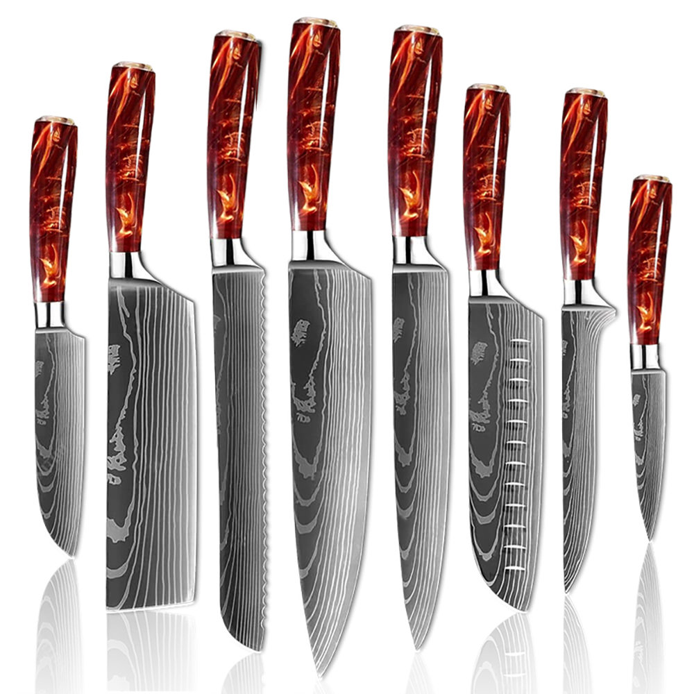 Senken Knives 8-Piece Japanese Kitchen Knife Set with Damascus Blade ...