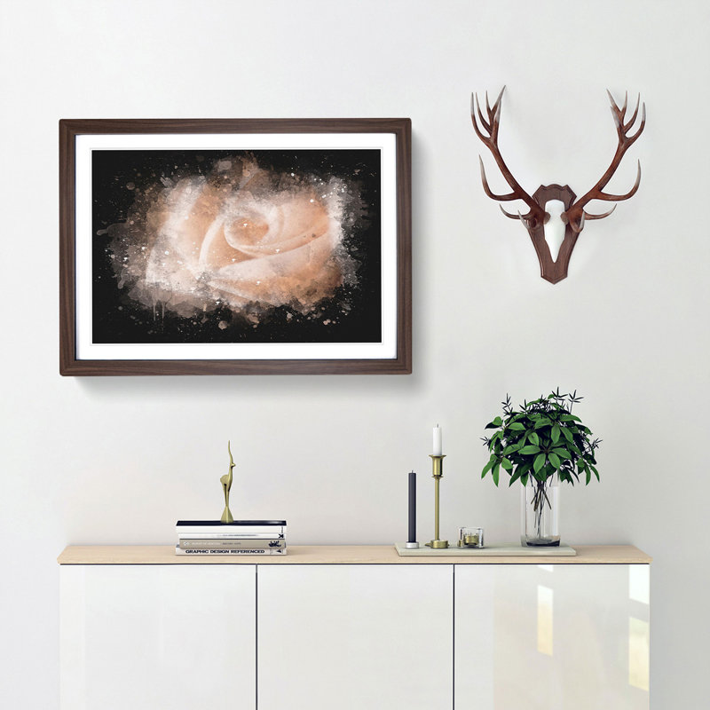 Light Pink Rose Paint Splash - Picture Frame Graphic Art, 24cm H x 33cm W x 2cm D, Walnut Framed