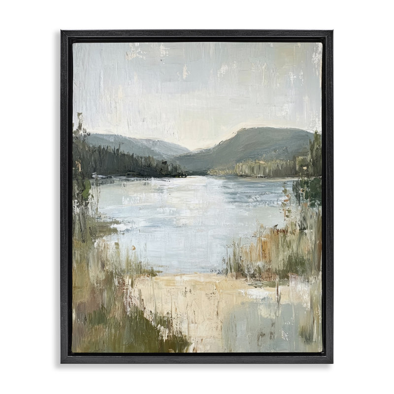 Cadre flottant Abstract Lake Shore & Mountains, design par Petal Prints Design, Cadre flottant noir de jais