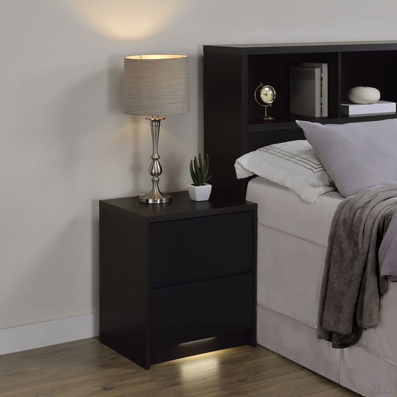 Table de chevet noire à 2 tiroirs avec lumières DEL et USB, Noir