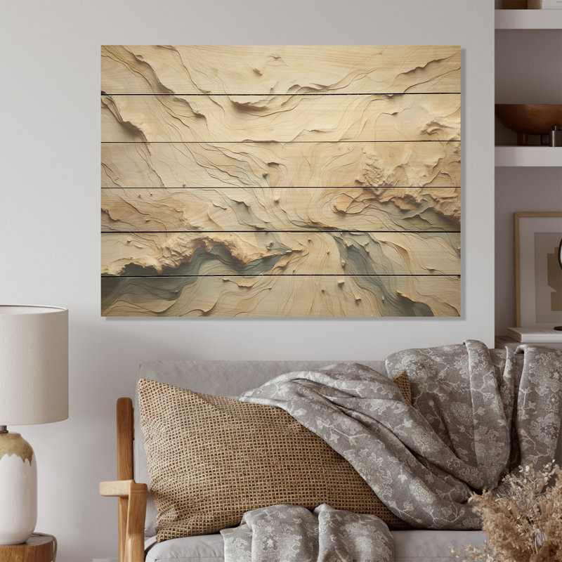 Minimalisme beige River Mountain Wonders - art montagnard sur bois de pin naturel, H 30 po x l 40 po