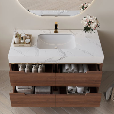 Meuble-lavabo de salle de bain avec lavabo encastré, rangement 4 tiroirs