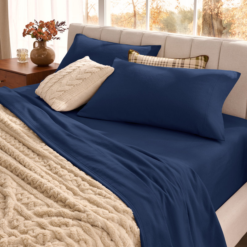 Organic 100% Cotton Flannel Sheet Set, California King Sheet Set with 2 Pillowcases, Dark Blue