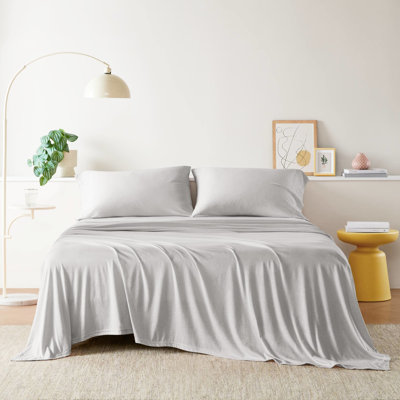 Ensemble de 3 draps gris toutes saisons - tricot de coton, doux comme un t-shirt, absorbant lors des journées chaudes, nuits chaudes et froides, 1 plat, ajusté, mélange de taie d'oreiller, été absorbant, hiver chaud,