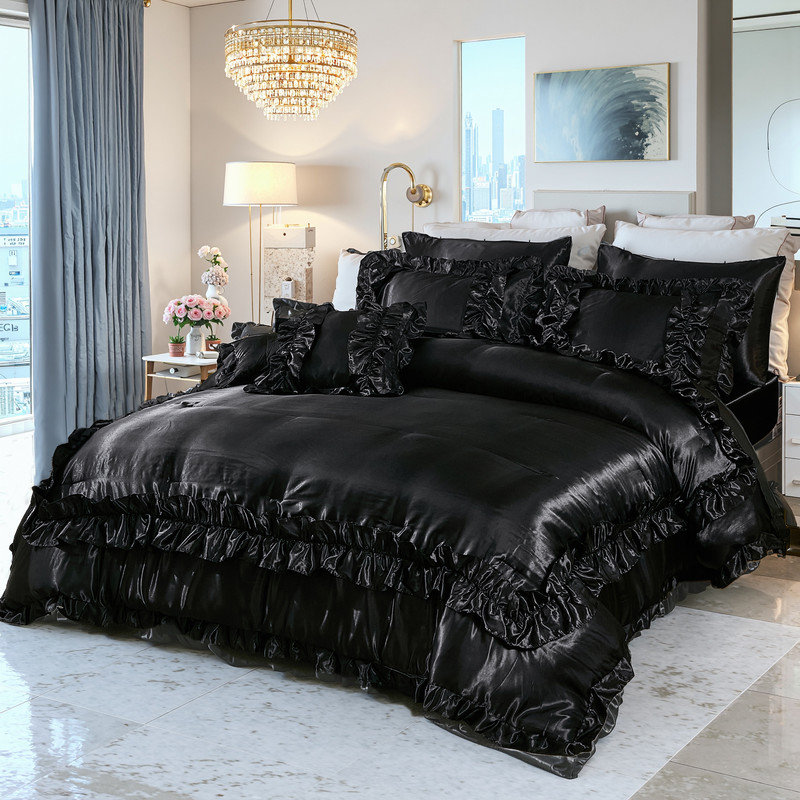 Black Silky Comforter Set 8 Pieces Silk Like Satin Comforter Bed in a Bag Queen Size Soft and Silky Luxury Satin Bedding Set Vintage Ruffle Bedding Comforter Set for Bedroom Decor