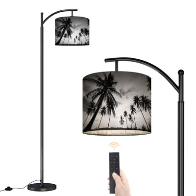 Arc Floor Lamp with Adjustable Lampshade Black white photo palm trees Standing Lamp 3 Color Temperatures Dimmable Tall Pole Lamp with Foot Switch for Bedroom