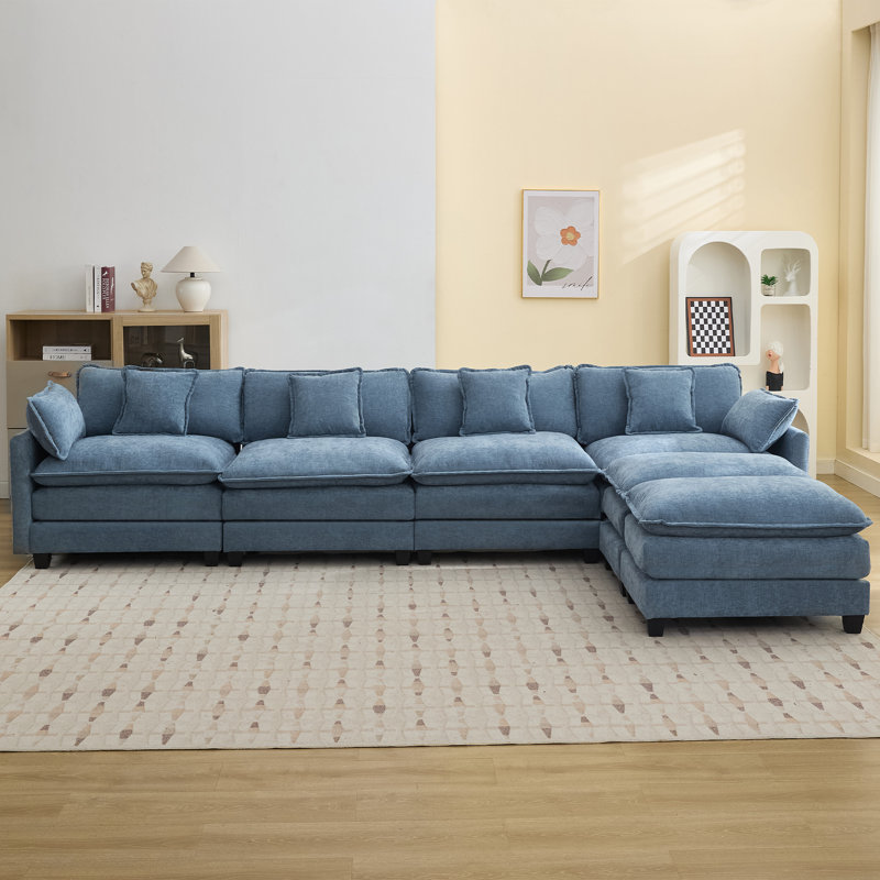 Chenille Upholstered Sectional Sofa Couch with Ottoman, Blue, 6