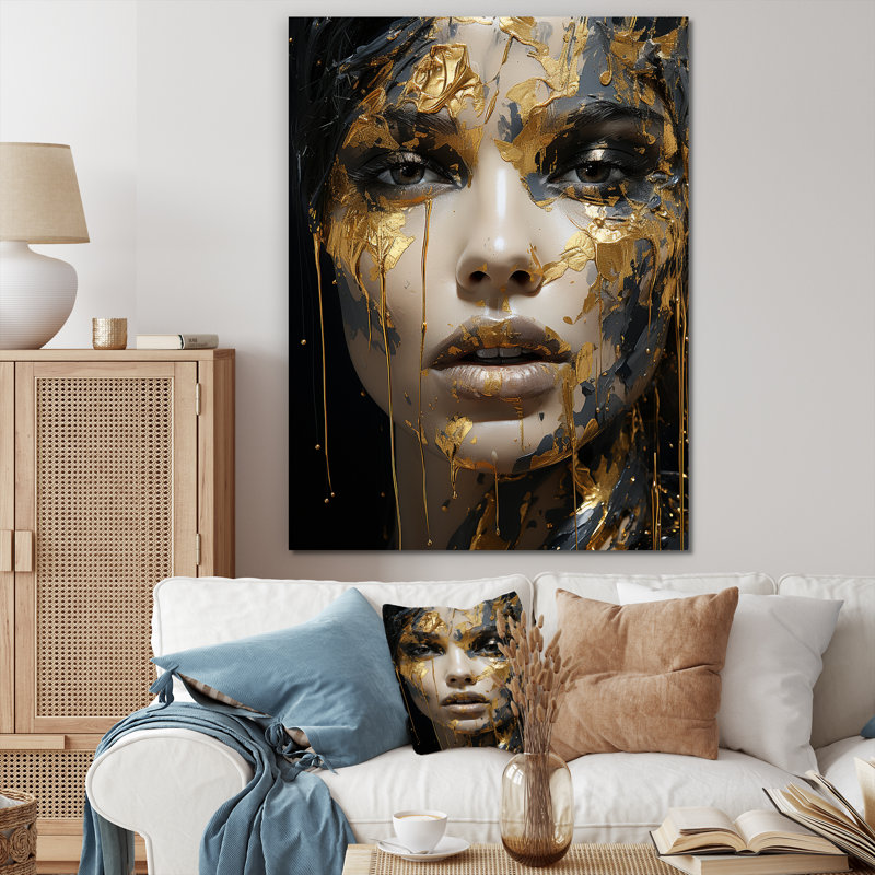 Portrait de femme glamour noir doré - art mural mode femme pour le salon, H 32 po x l 16 po x P 1 po, Toile tendue